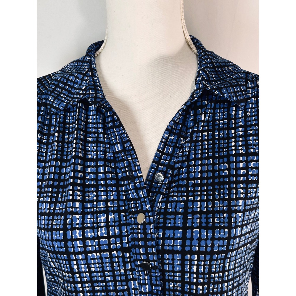 212 Collection Womens Blue Black Geometric Grid 3/4 Sleeve Button Blouse XS - Picture 2 of 10